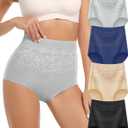 MEIYATING Women's Cotton Underwear Super Stretchy High Waisted Postpartum Tummy Control Ladies Panties Briefs 4 Packs (Medium, Black, Nude, Blue, Grey)