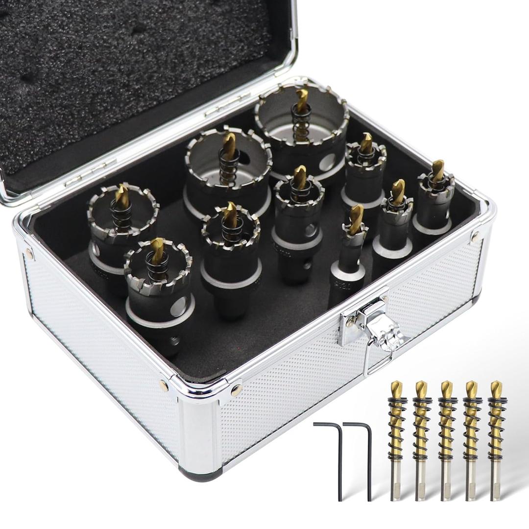 Hole Saw Kit  17-Piece Carbide Hole Cutter Set with 10 Saws (1/2" to 2"), 5 Extra Pilot Bits & 2 Hex Wrenches  Hole Saw Set for Metal, Stainless Steel, Iron  Aluminum Case