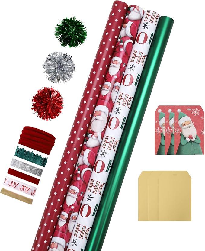 LaRibbons Christmas Wrapping Paper Sets, Santa & Snowflake & Gingham & Stripe Design with Ribbons & Gift Tags & Metallic Pom Pom for Christmas, Holiday, 30Inch × 10Feet（ 4 Rolls: 100 Sq.Ft.Ttl）