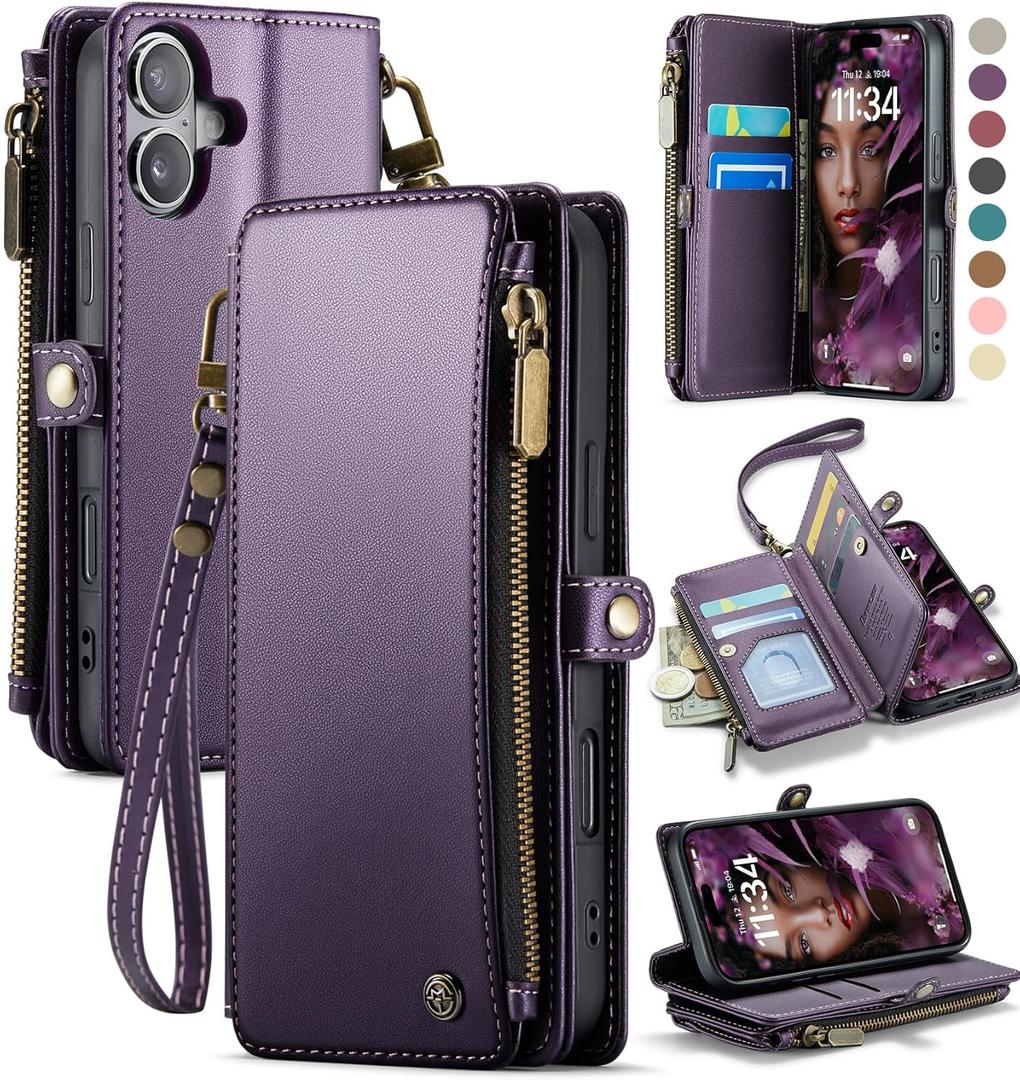 Defencase Compatible with iPhone 16 Case Wallet with RFID Blocking Card Holder for Women and Men, Fashion PU Leather Magnetic Snap Flip Zipper Strap Wallet Phone Case for iPhone 16 6.1", Purple