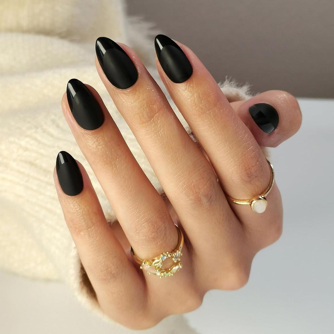Soft Gel Black Press on Nails Almond - Short Nails with Glossy French Tips in a Matte Finish, Perfectly Glue on Nails with Glue in 16 Sizes - 32 Reusable Fake Nails for Women, Matte Black