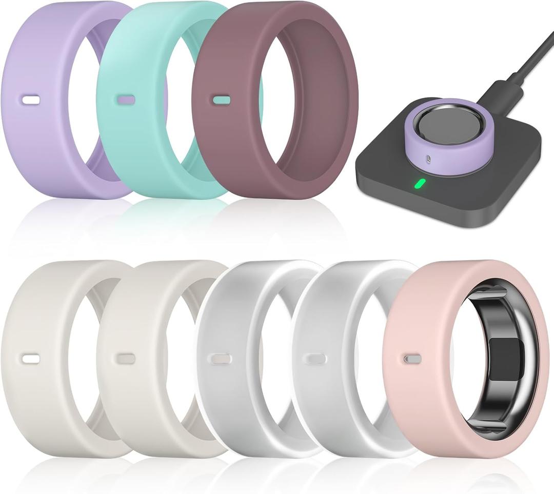 8 Pack Ring Cover Compatible with Oura Ring Gen 4/4 Ceramic, Oura Ring Gen 3 Horizon/Heritage, Support Charging with Cover on, Anti-Scratch Elastic Silicone Ring Protector for Men Women Working Out (2Star+2Clear+Pink+Lightpurple+Green+SmokeViolet)