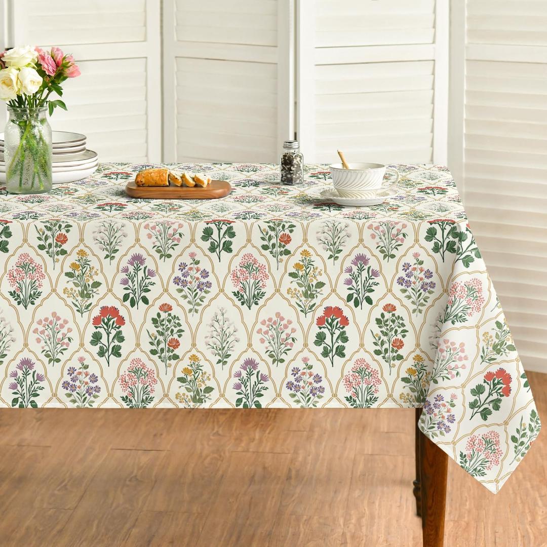 Horaldaily Spring Tablecloth  Rectangular, Beige Vintage Art Deco Floral Washable Seasonal Table Cover for Party Picnic Dinner Decor , Size 83x59 inches