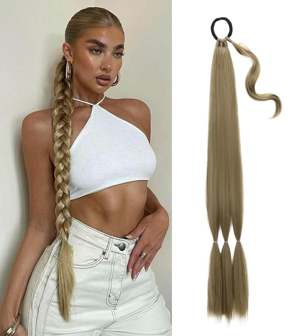 Long Braided Ponytail Extension for Women Soft Lightweight Synthetic DIY Hairpiece Wrap Around Pony Tail Style for Daily Wear & Parties (34 Inch Light Brown) (Light brown mixed dark blonde)