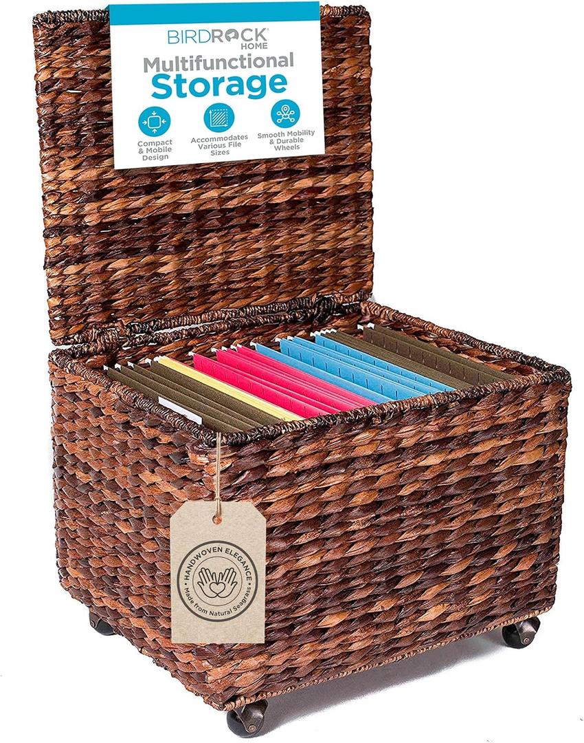 BIRDROCK HOME Seagrass Rolling File Cabinet - Storage Organizer Box with Lid - Home Office Decor - Decorative Organize - Letter Legal Hanging Filing Container - Espresso
