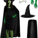 JEGERMIG 4-Piece Witch Costume Accessories Set, Halloween Cosplay Kit with Hat, Green Gloves, Round Glasses, Black Cape