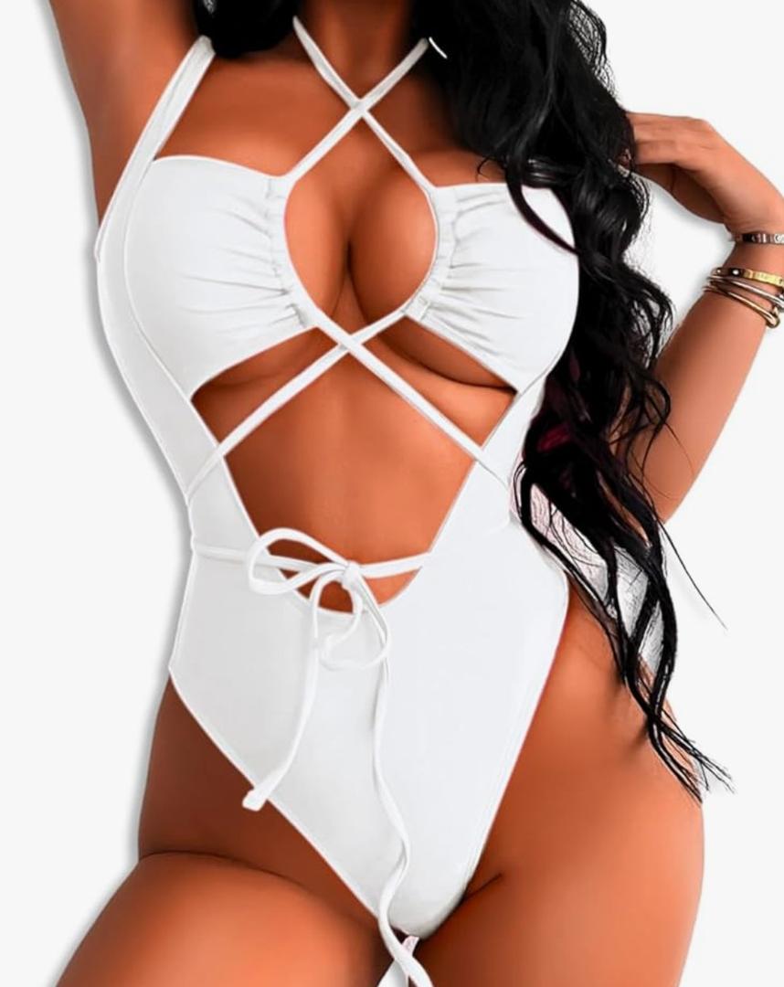 Cutout One Piece Swimsuit,Plunge High Cut Thong Sexy Monokini Bodysuit,Rave Outfit for Women Festival Pool Party, S