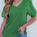 SHEWIN Women's Summer Tops V Neck Casual Puff Short Sleeve Textured T Shirts Blouses (Green, S)