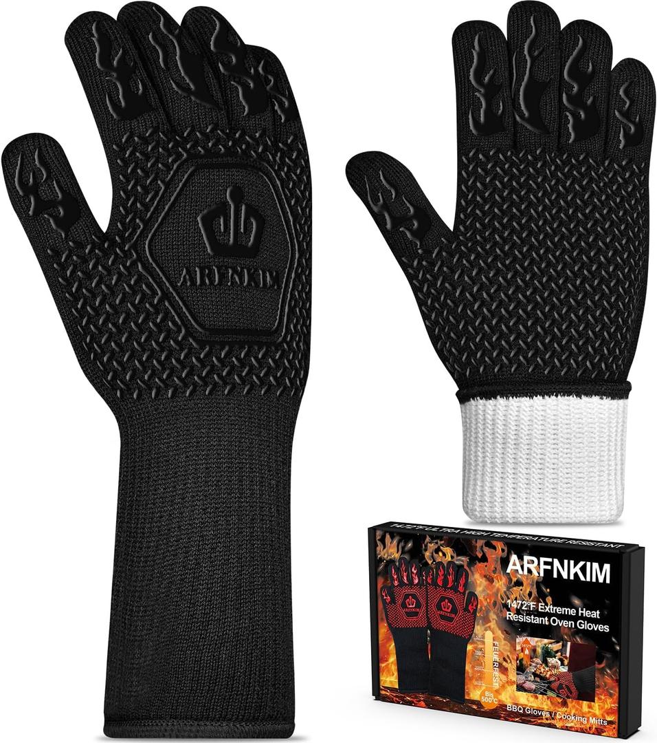 BBQ Oven Gloves 1472 Heat Resistant Oven Mitts Silicone Non-Slip Cooking Gloves for Barbecue, Grilling, Baking, Welding, Smoker (A Pair) (Black)