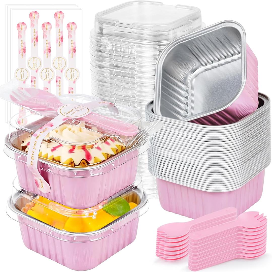 Mini Cake Pans with Lids, ZOXILEN 5oz/150ml Mini Loaf pans with Lids Spoons Aluminum Foil, Disposable Square Small Baking Cups Tins Muffin Pan Cheesecake Containers for Party Pink (25, Pink)