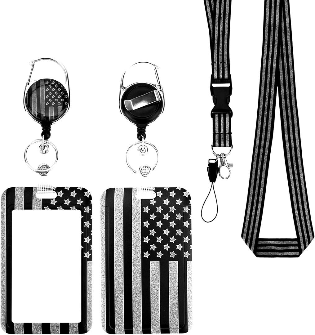 3 x ID Badge Holder with Lanyard, Lanyards for Id Badges Reel Retractable Heavy Duty Removable Name Tag Holder, American Flag Lanyard for ID, Nurse Teacher Office Gifts