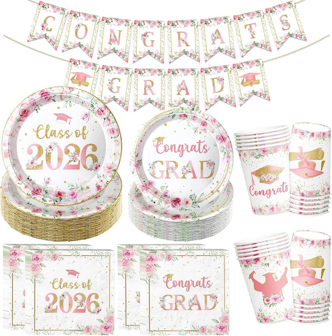 Floral Graduation Decorations 2026: Congrats Grad Plates and Napkins 2026 Class of 2026 Graduation Party Supplies Pink and Gold Flower Graduation Decorations 2026