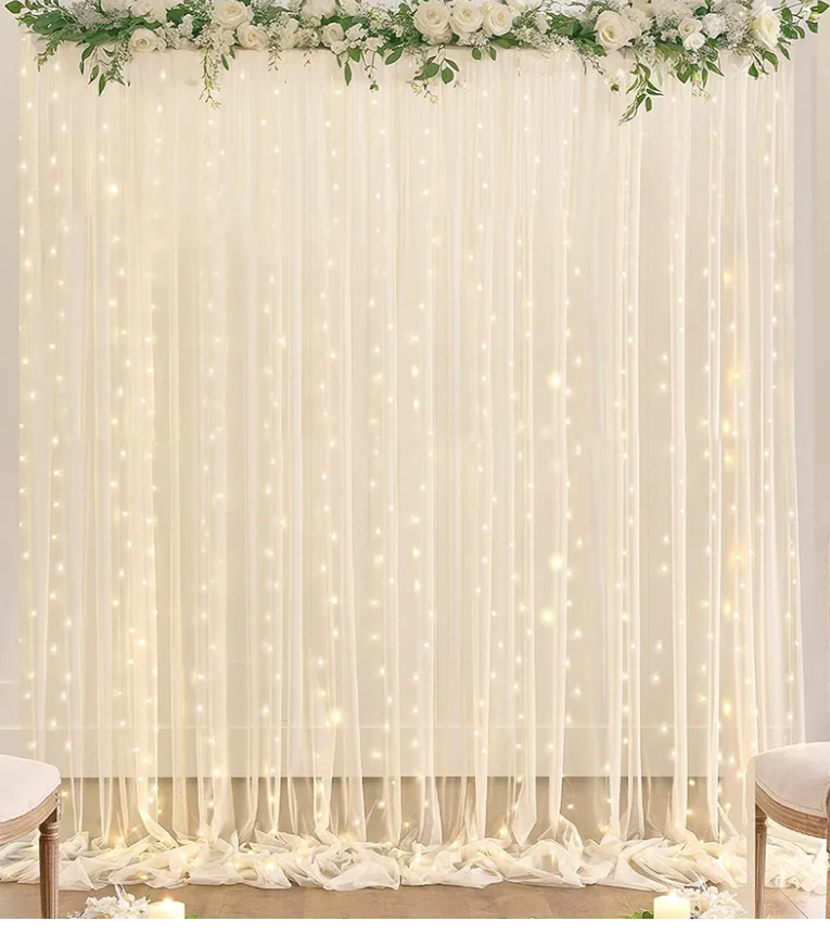Champagne Tulle Backdrop Curtain with Lights String for Parites Wedding 5x8ft Champagne Sheer Backdrop Curtains for Bridal Shower Baby Shower Birthday Party Photo Booth Background Decorations