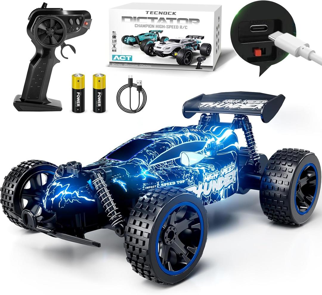 Tecnock RC Cars for Kids, 1:18 Scale 2WD RC Car with LED Lights, 2.4GHz Remote Control Car with USB-C Easy Charging & 50 Mins Playtime, Toys Gifts for Boys & Girls Ages 8-12 (Deep Blue)