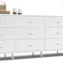 Huuger 70 Inch Dresser for Bedroom, TV Stand for 65, 75, 80 Inch TV, 12 Fabric Drawer Long Dresser, Large Storage Organizer Unit, Wide Chest of Drawer with Storage, for Living Room, White