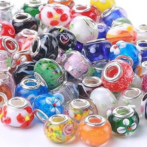 Weebee Murano Glass Beads Large Hole Glass Beads European Lampwork Spacer Charms Bead Silver Plated Cores Bracelet Charm for DIY Crafts Jewelry Making 50 Pcs Mixed