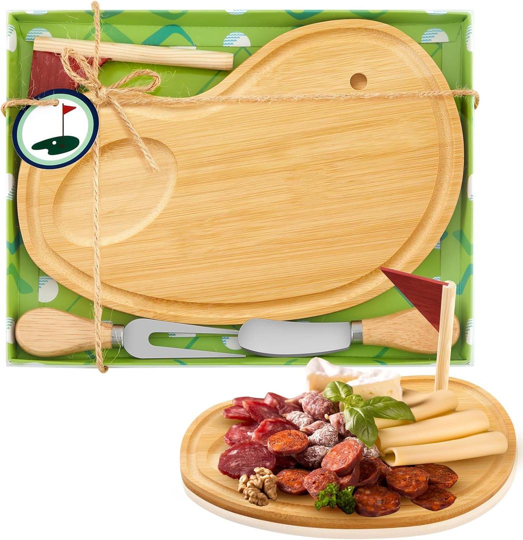 Golf Cheese Board Gift Set Golf Party Favor Prizes Charcuterie Wood Board with Knives and Box Father Day Gift for Dad Grandpa Party Tournament Game(Bamboo Color,9.84 x 7.68 x 0.39 ")