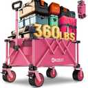 Collapsible Wagon Cart Foldable, 360LBS Heavy Duty Utility Wagon, Beach Wagon with Wider Wheels, Portable Grocery Cart for Camping, Shopping, Garden, Sports, Pink