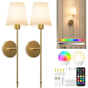 Brightown Battery Operated Wall Sconces Set of Two, RGBWW Wireless Rechargeable Wall Lights with Dimmable Magnetic Bulbs and Remote, Gold Wall Lamp for Living Room Bedroom Hallway Decor