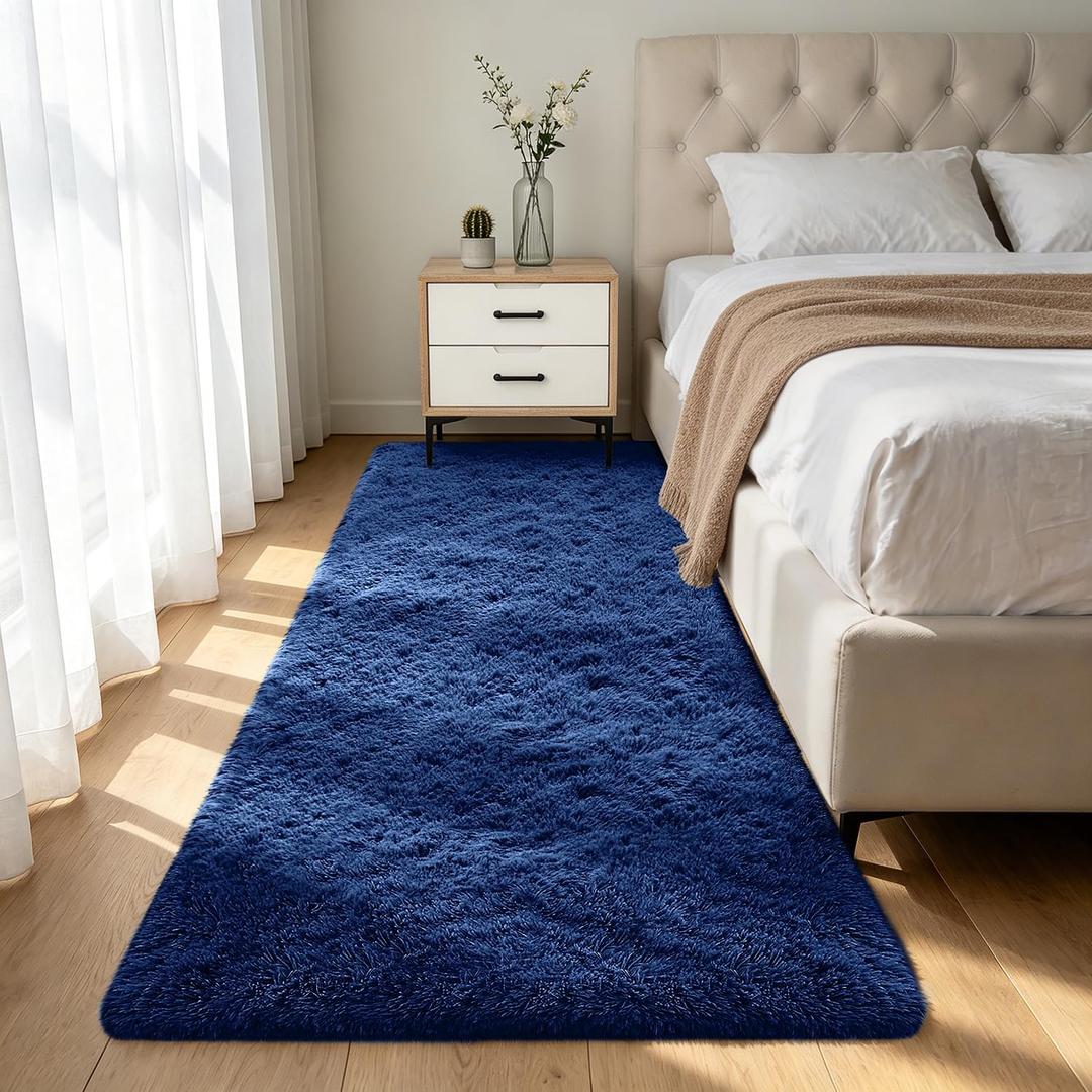 Shag Runner Rug for Bedroom Living Room 3x7 Upgrade Non-Slip Fluffy Soft Bedside Rugs, Blue Shaggy Carpet for Livingroom Dorm Home Decor Aesthetic