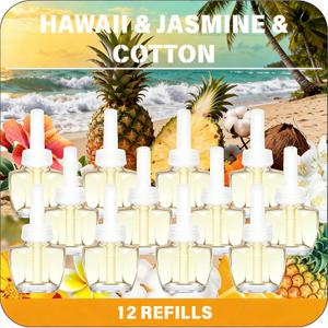 Plug Ins Refills Air Freshener 12 Pack,Hawaiian, Jasmine & Cotton, for Home and Bathroom 7.92 Fl Oz Compatible with Air Wick & Glade Not Include Glade Plus