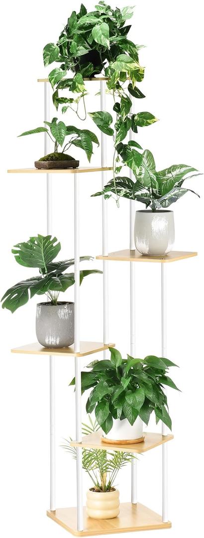GLOKUUCA 6 Tier Plant Stand Indoor Outdoor, Wood Metal Corner Shelf, Multiple Flower Pot Rack Holder Shelves, Planter Shelf Display Storage Organizer White