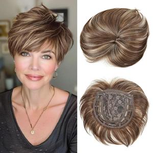 BECUS Brown Hair Topper for Women,Hair Pieces Clip-In 360 3D Cover, Toppers Short Synthetic Bangs for Thinning Hair, 6.5X6 Daily Wear(Dark Brown with Blonde Highlights)
