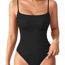 MANGOPOP Women's Cami Thong Bodysuit Double Lined Square Neck Backless Body Suit Adjustable Spaghetti Strap Tank Tops, Large