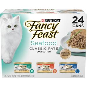 Purina Fancy Feast Seafood Classic Pate Collection Grain Free Wet Cat Food Variety Pack - (Pack of 24) 3 oz. Cans (EXP 07/31/28)