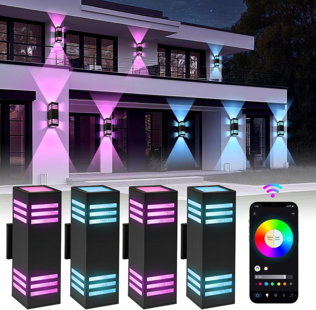 Outdoor Wall Lights 4 Pack, RGBCW Smart Porch Lights with Various Scene Modes, Waterproof Dimmable Up and Down Lights Outdoor, DIY Lighting Effects, Compatible with Alexa, Google Assistant (Black)