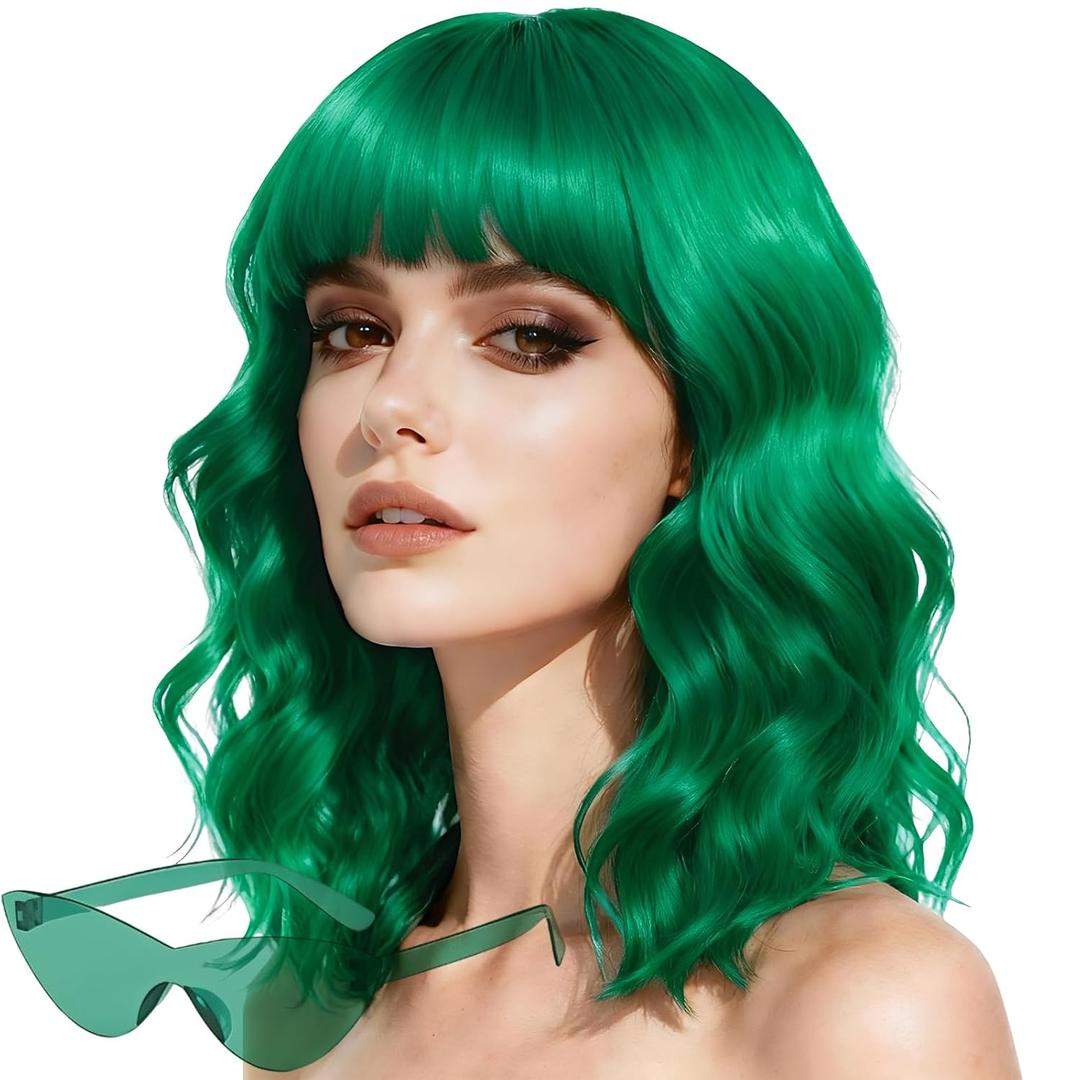 Green Wig and Sunglasses Set - 15 Inch Wavy Wig With Bangs - Heat Resistant Shoulder Length Curly Bob Wigs for Women - Bachelorette Party Costume Cosplay (Green)