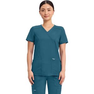 Cherokee Scrubs Top for Women Mock Wrap with 3 Pockets, Soft, 2-Way Stretch & Durable Fabric - WW610 (X-Small, Caribbean Blue)
