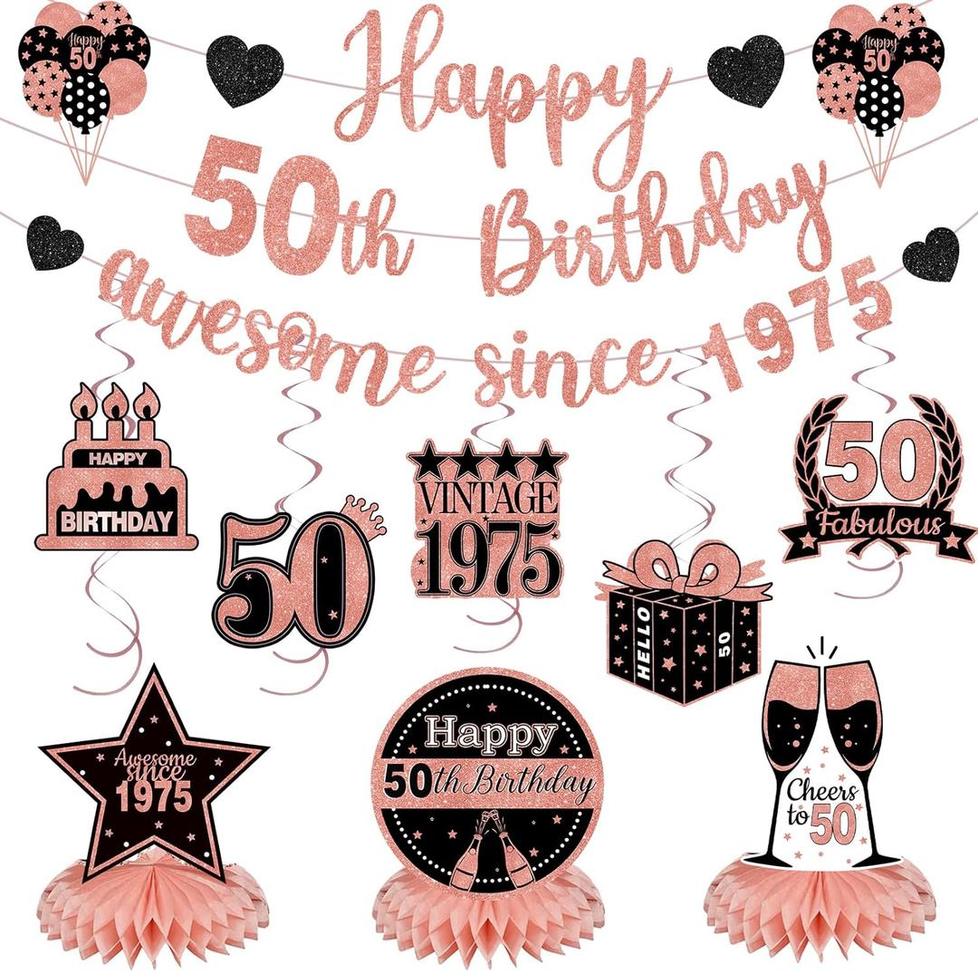 2 x 12Pcs 50th Birthday Decorations for Women Pre-Strung Black and Rose Gold Glitter Happy 50th Birthday Awesome Since 1975 Banner Honeycomb Centerpieces Swirls Fifty Party Supplies