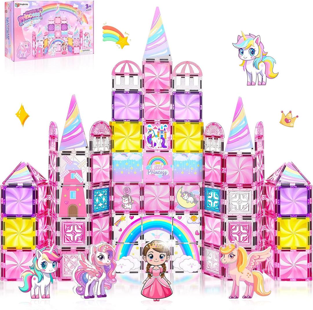 Diamond Magnetic Tiles Unicorns Princess Castle with Magnetic Art Decor Kit, Unicorn Toys for Girl 3 4-6-8, Magnet Tiles for kids 4-8 5 6 7+ Girl Gifts,Magnet Toys Include 5 Dolls,Rainbow,Candy,Decors