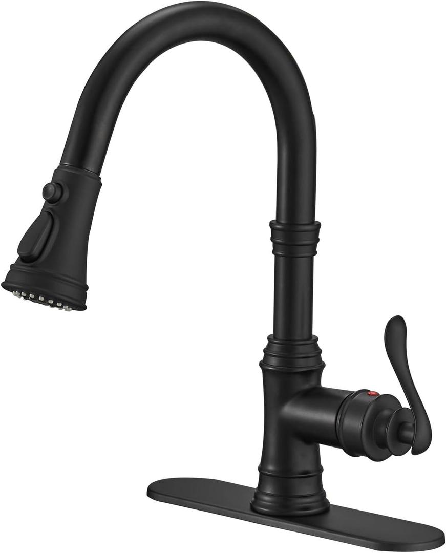 BWE Black Kitchen Faucet with Pull Out Sprayer 3 Spray Modes Farmhouse Single Handle High Arc Kitchen Sink Faucet with Deck Plate Com Bar Pull Down Sprayer