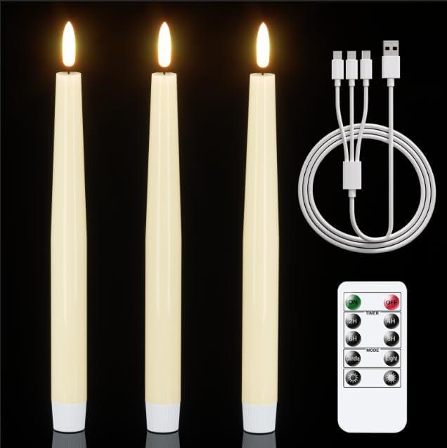 GenSwin Rechargeable Flameless Taper Candles, 3 Pack Ivory LED Taper Candles Battery Operated with Remote Timer, Real Wax Flameless Candlesticks for Christmas Holiday Home Decor