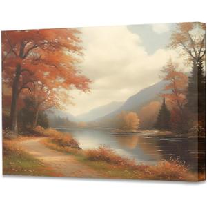 Pugwak Vintage Fall Lake Landscape Wall Art Canvas Prints - Rustic Autumn Forest Wall Decor Framed Canvas Art Painting Artwork for Home Bedroom Living Room Decor 11×14 Inch