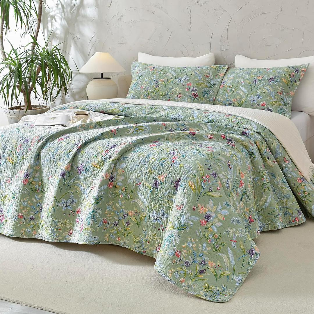 Lady Ann Green Floral 100% Cotton Quilt Sets Queen - Green Flower Bird Butterfly Print Botanical Bedding,Vintage Lightweight Coverlet Ultra Soft Bedspread Set with Pillow Shams for All Season, 3 PCS