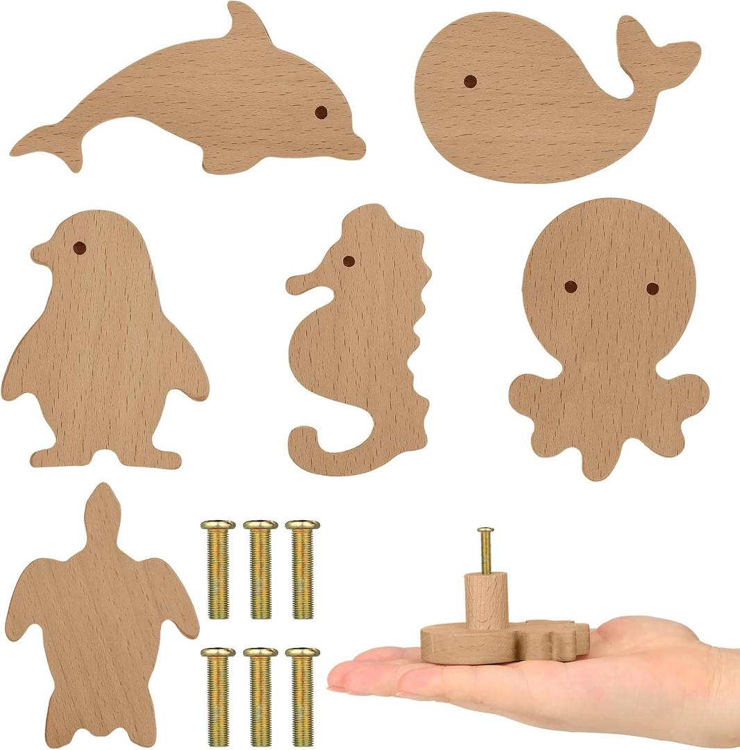 Qunclay 6 Sets Wooden Animal Dresser Knobs Decorative Nursery Wood Drawer Pulls with Screws Furniture Pulls Handles for Nursery Home Bedroom Kitchen Cabinets Hardware Cupboard (Sea Animal)