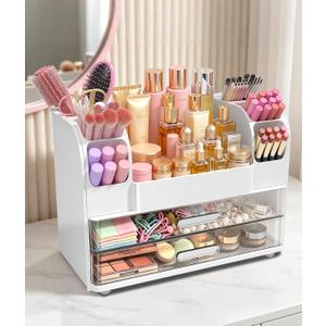 Hanyi Makeup Organizer for Vanity,Countertop Cosmetic Organizer with 2 Clear Drawers & 6 Brush Holders,Large ABS Makeup Storage for Skincare,Lipsticks,Perfume,Nail Polish & Beauty Essentials,White