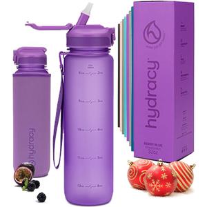 Hydracy Water Bottle with Time Marker -Large BPA Free Water Bottle & No Sweat Sleeve -Leak Proof Gym Bottle with Fruit Infuser Strainer & Times to Drink -Ideal for Fitness Sports & Outdoors (Berry Blue)