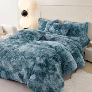PERFEMET Fuzzy Faux Fur Comforter Set Queen Size 3 Pcs Colorful Plush Shaggy Tie Dye Teal Blue Bedding Set Ultra Soft Comfy Fluffy Furry Velvet Quilt Set(Turquoise, Queen)