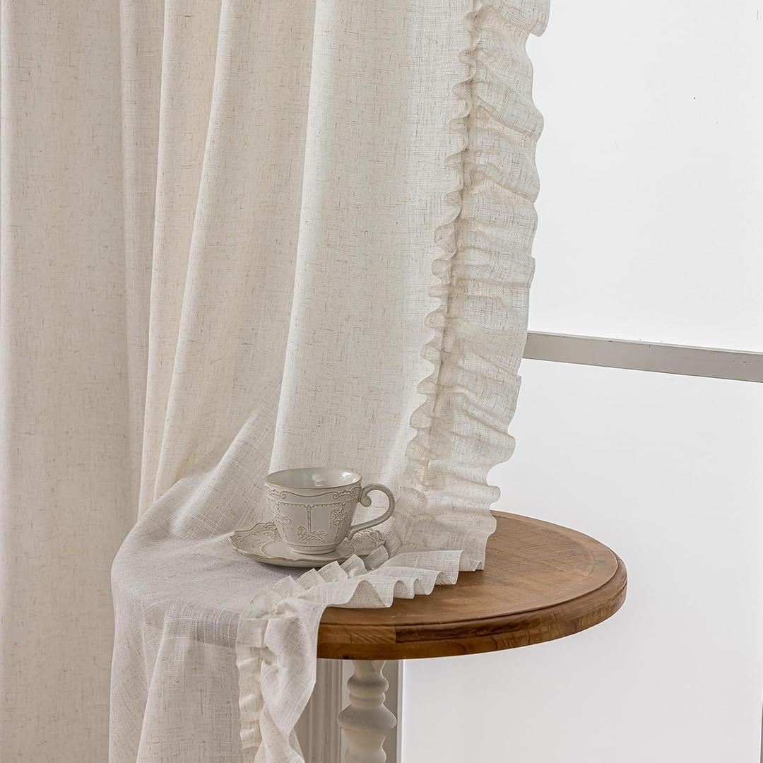 Ruffle Curtains 63 Inch Length 2 Panels, Natural Linen Textured Ruffled Curtains for Bedroom, Rod Pocket Privacy Light Filtering Farmhouse Semi-Sheer Scalloped Flowy Drapes for Windows, 58 x 63 Inch