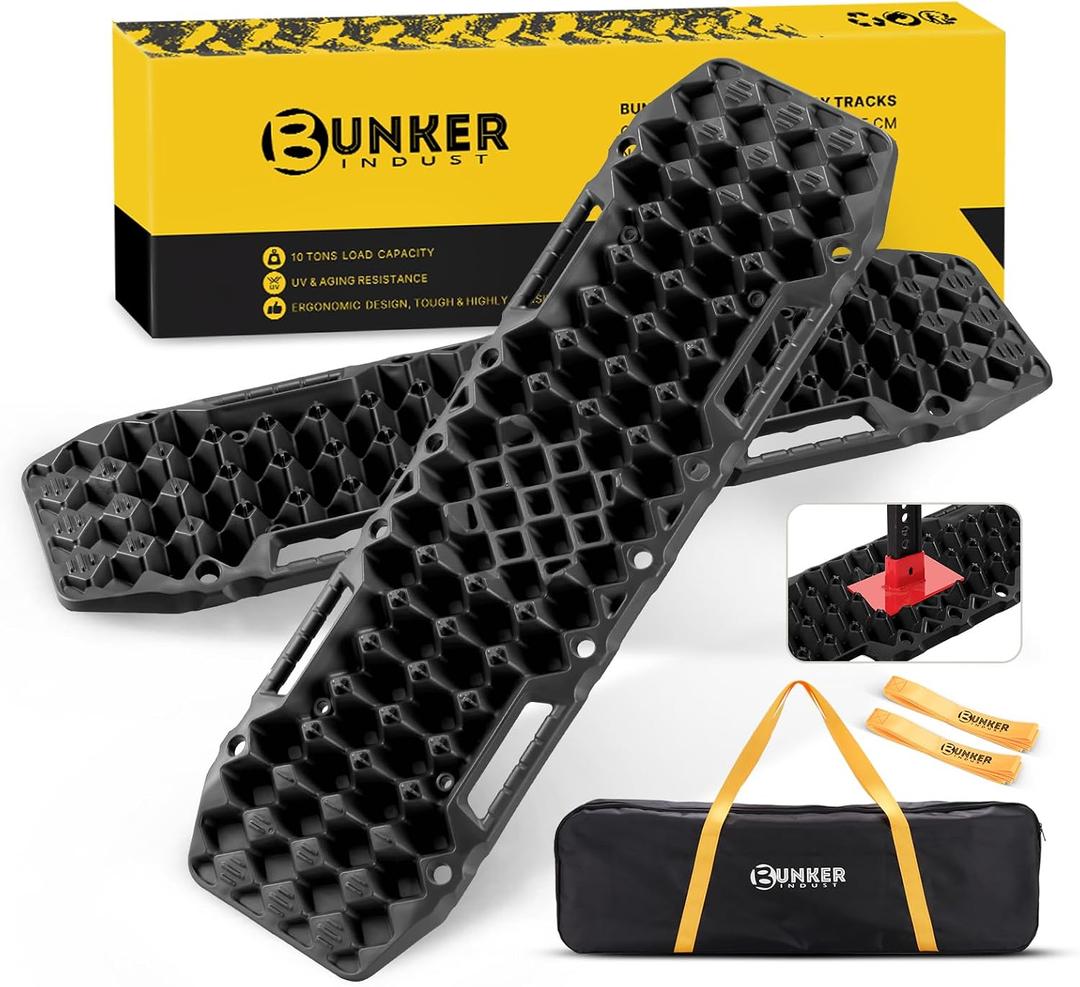 BUNKER INDUST Off-road Traction Boards with Jack Base,Pair Recovery Track 4X4 Jeep Truck Emergency Tire Traction Mat with Bag -Sand, Mud, Snow Tracks Black Traction Pad (Gen 7th)