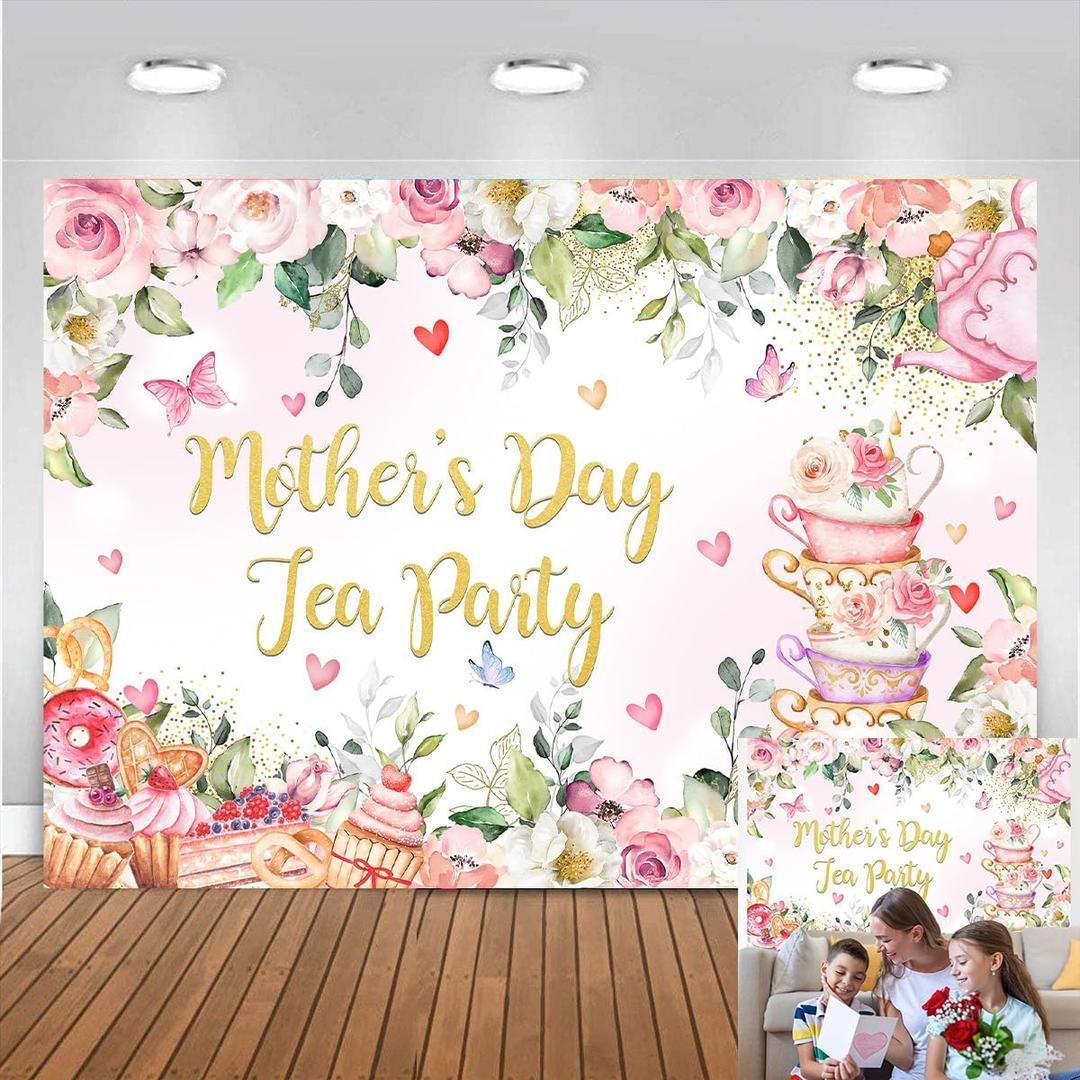 8x6ft Happy Mother's Day Backdrop Let's Partea Tea Party Mothers Day Photography Background Pink Floral Mothers Day Party Decorations Teacup Cupcake Wall Decor Banner