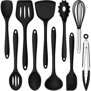 E-far 10 Pieces Silicone Cooking Utensils Set, Heat Resistant Kitchen Utensil Set for Nonstick Cookware, Kitchen Cooking Tools with Spatula, Spoon, Slotted Turner, Non-Toxic & Dishwasher Safe (Black)