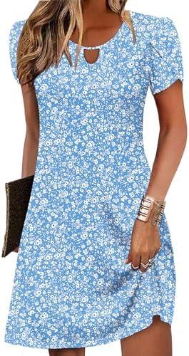 Zeagoo Women's Casual A-Line Dresses with Pockets Summer Floral Tshirt Dress Short Sleeve Mini Dress Flowy Sundresses, L