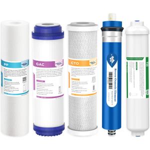 Membrane Solutions Reverse Osmosis Filter Replacement, 75 GPD Complete Replacement Filter Set For Under Sink 5-Stage Reverse Osmosis Replacement Water Filter System