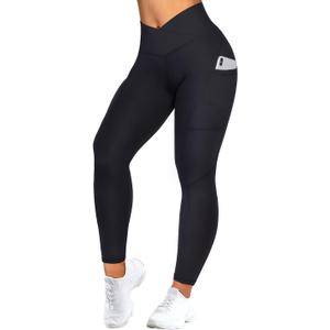MOOSLOVER Women V Cross Waist Butt Lifting Leggings with Pockets High Waisted Yoga Pants (Medium, #2 Black-713)