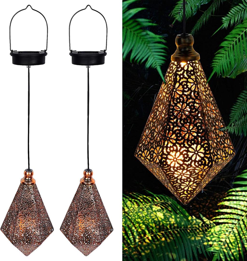 MAGGIFT 2 Pack Solar Hanging Lights, Solar Powered Retro Lantern with Handle, Warm White LED Christmas Garden Lights, Metal Diamond Shape Lamp Waterproof for Outdoor for Yard Tree Fence Patio